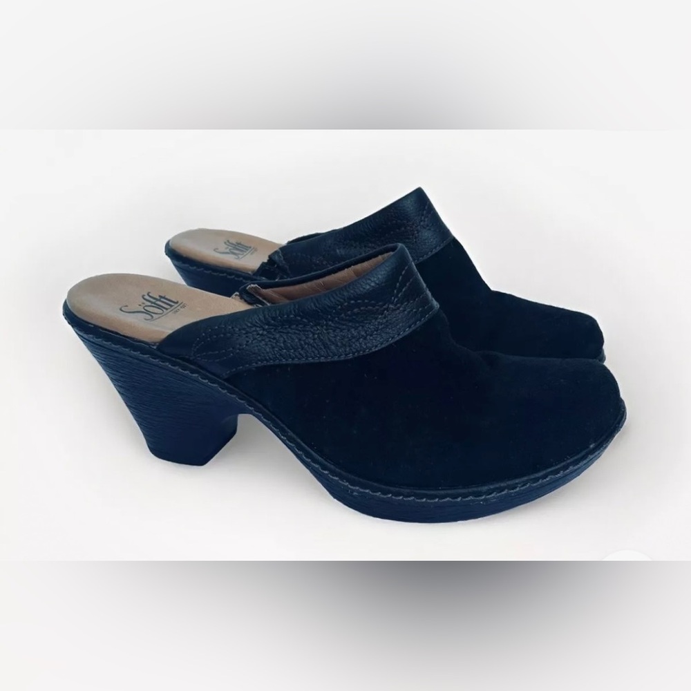 Sofft clogs women 8.5 black suede slip on mule’s embroidered comfort heels